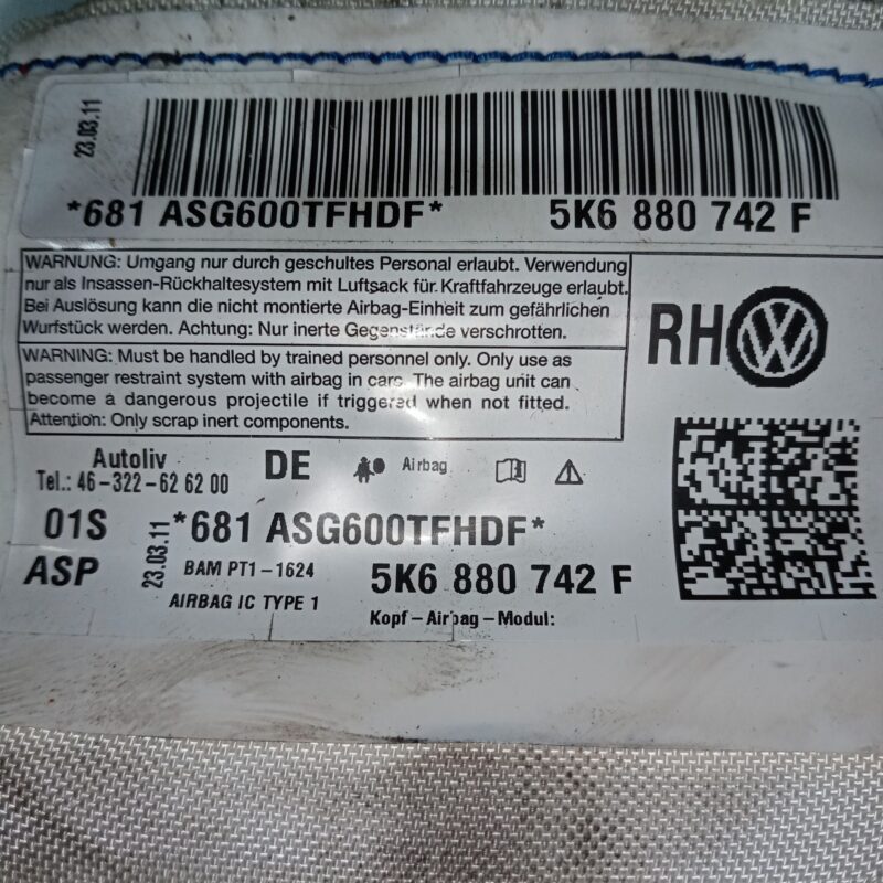 Airbag cortina dreapta VW Golf VI 2009 – 2013